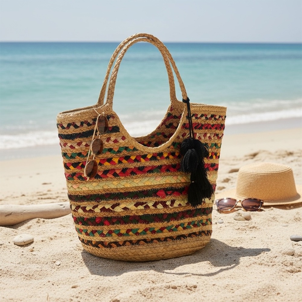 Olivia Miller Handbag Collection Woven Jute Cotton Braided Beach Tote Bag Tassel
